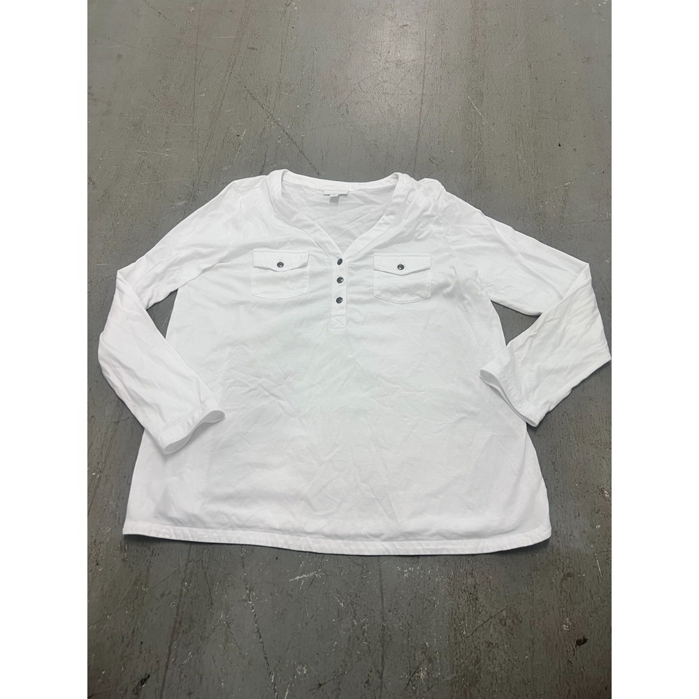 J. Jill Henley Top Womens Medium White Long Sleeve V-Neck Blouse Modest Preppy